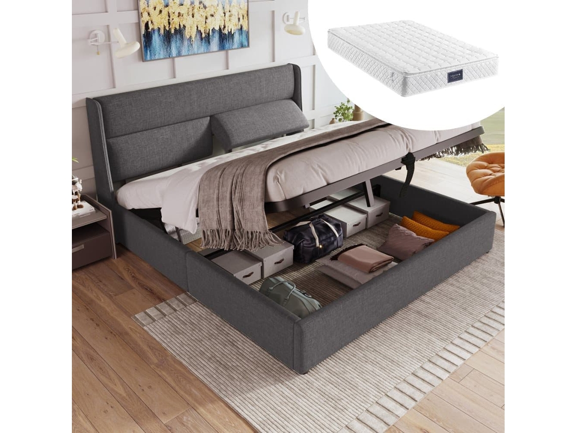 Cama Tapizada 140x200 Cm - Cabezal Ajustable, Estructura Hidráulica Con Almacenamiento - Gris