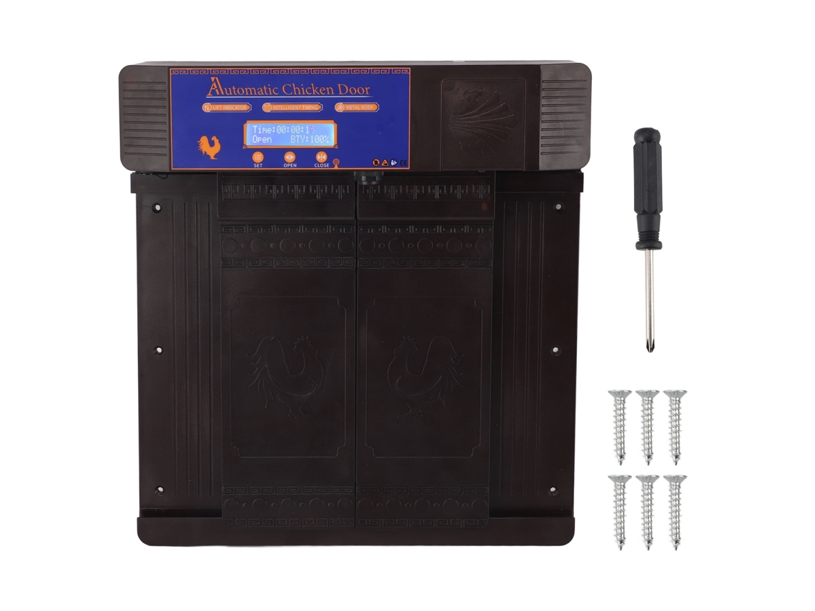 Puerta doble automática para gallinero con infrarrojos antipinzamiento y alerta de batería baja para pollos, patos y gansos, color marrón oscuro.