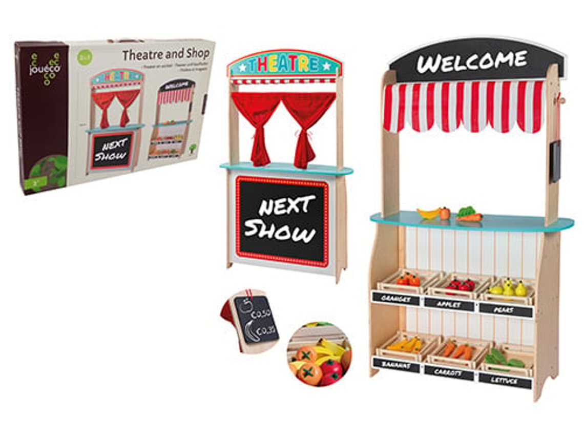 Teatro de madera y tienda de juguetes con accesorios 2 en 1 para juegos de simulación