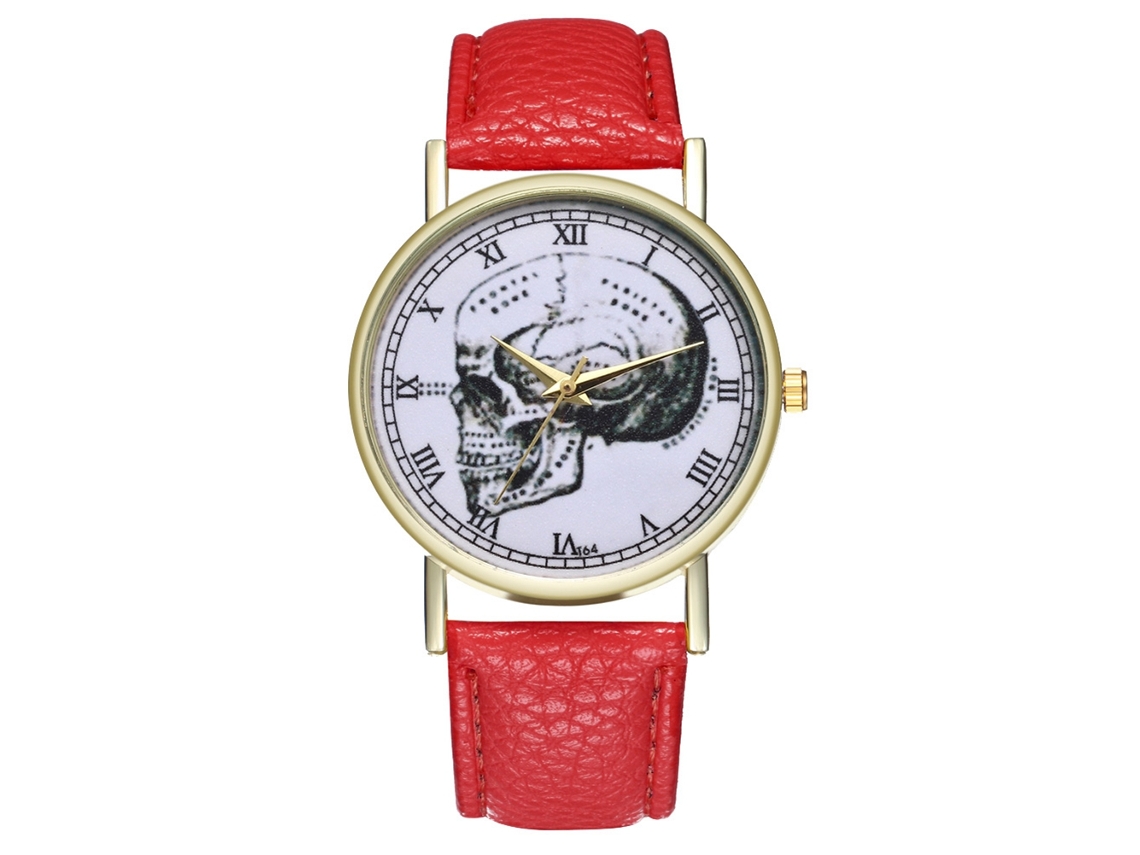Reloj De Cuarzo Unisex Con Correa De Cuero Pu Skull Patrón Números Romanos Rojo