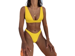 Traje de baño amarillo con escote en V y cintura ajustable para baño/playa, talla L