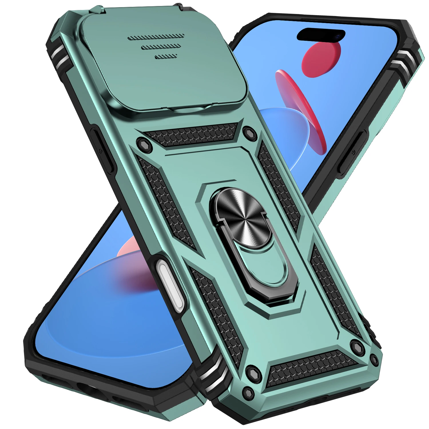 (verde, Iphone 15 Plus) Funda Portátil Con Anillo Magnético De Pctpu Y Protector De Lente Deslizante