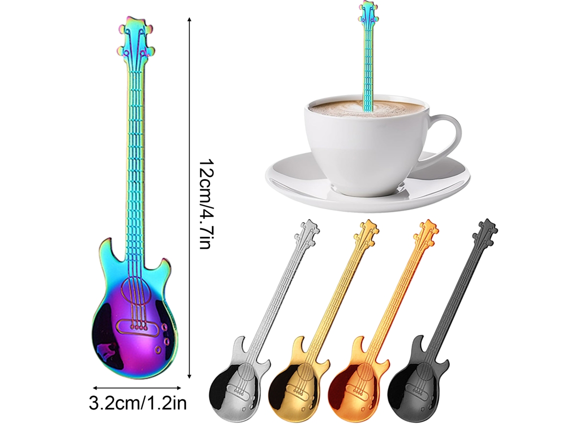 KOFIHETY Cucharas de Café con Forma de Guitarra, 5 Piezas, Cucharas Coloridas de Acero Inoxidable con Temática Musical, Juego Bonito para Té, Mezclar, Azúcar, 