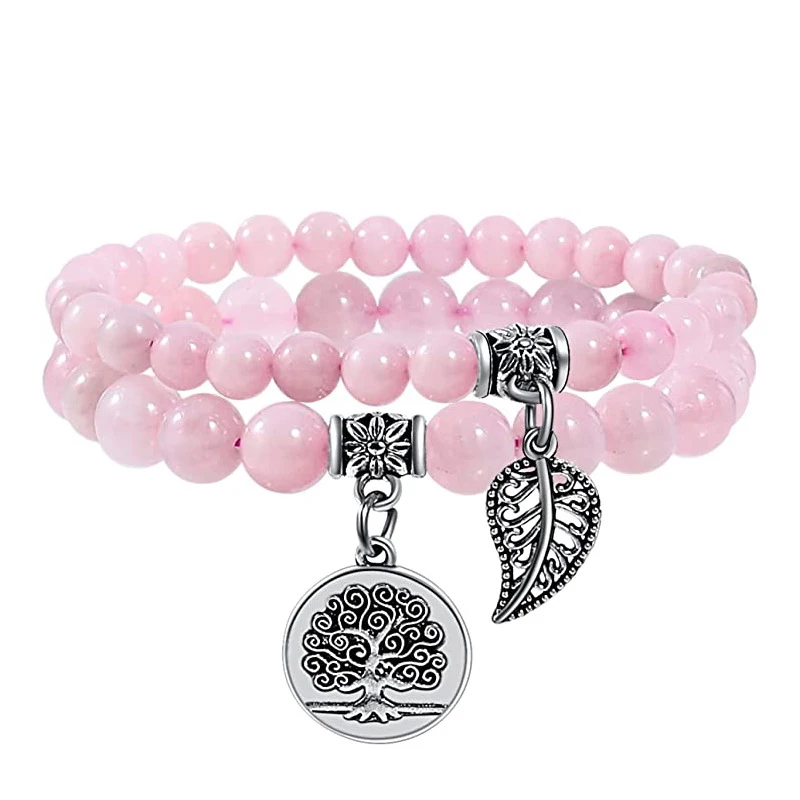 Pulsera Del Árbol De La Vida De Los Chakras (cristal Rosa) Pulsera De Cuentas De Piedra Natural