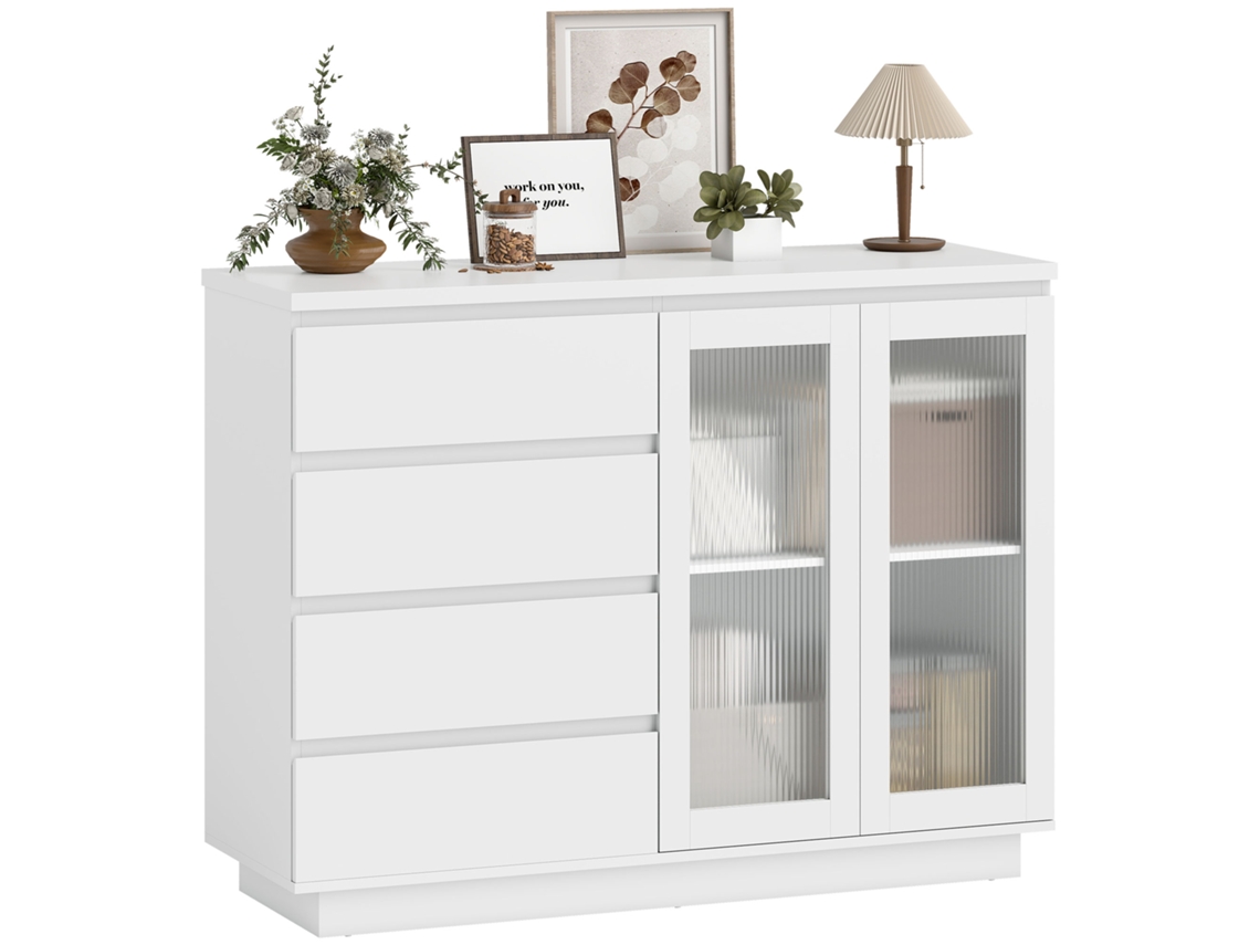 Aparador de Madeira ZENCORE SERVICES com 4 gavetas, armário com portas de vidro e prateleiras ajustáveis, 120x40x91cm, branco