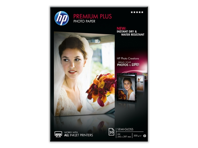 Papel fotográfico semibrillante HP Premium Plus 300gramos/m² - 20 hojas/A4/210 x 297 mm (CR673A)