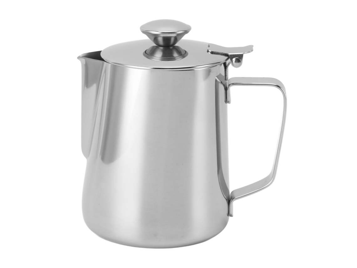 Jarra para espumar leche de acero inoxidable grueso, asa cómoda, con tapa, 2000 ml