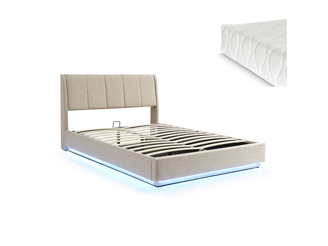 Cama Tapizado Led Tröstiar Con Somier Abatible Colchón 140x200cm Beige [EN.CASA]