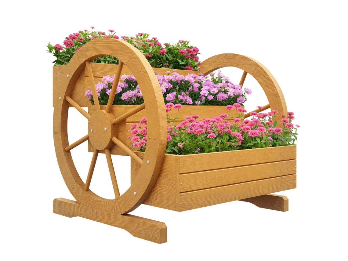 Huerto Elevado 3 Niveles Diseño Rueda Carro Madera Natural 62x61x57 Cm