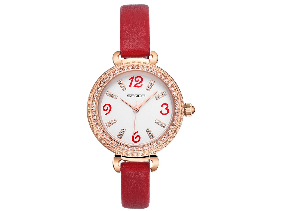 Reloj De Cuarzo Para Mujer Con Cubierta De Piel Sintética, Resistente Al Agua Y Cristales De Imitación De Diamantes (rojo).