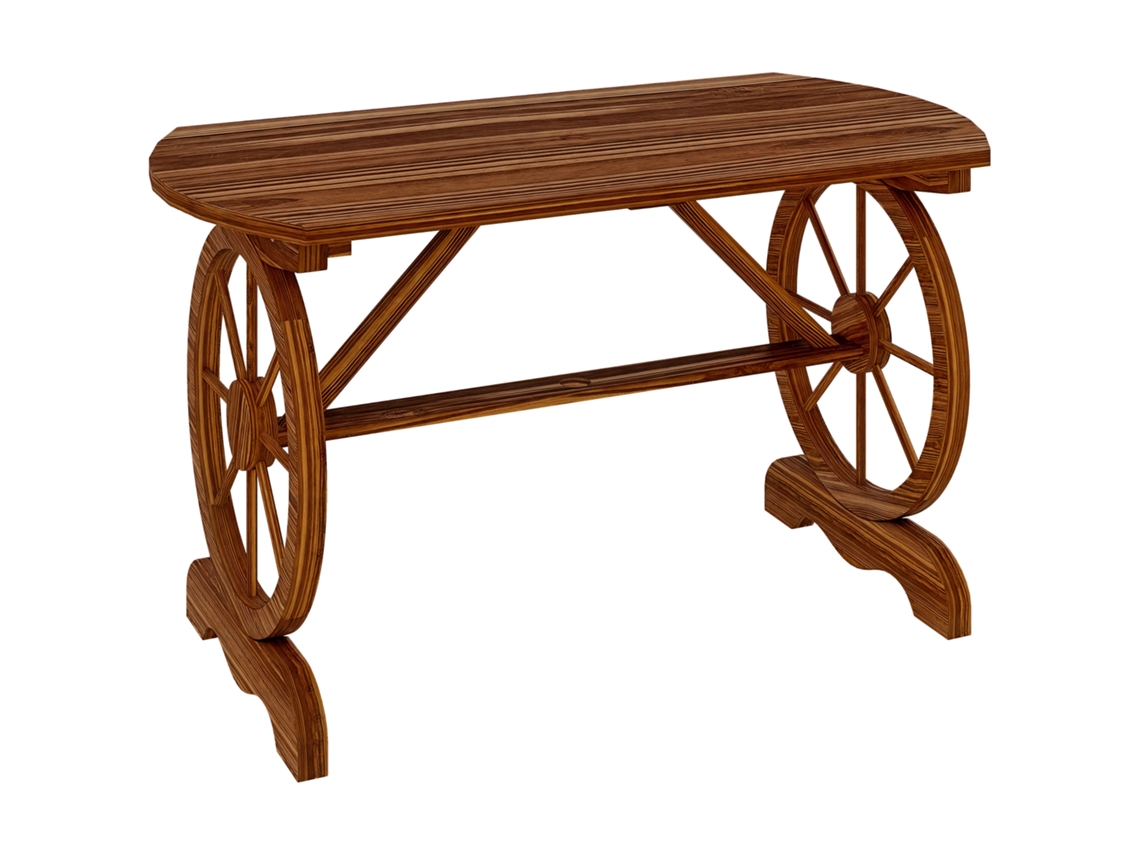 VPMKP - Outsunny mesa de jardín de madera 120x63x70 cm, patas con ruedas, orificio para sombrilla, listones, carga 50 kg, carbonizada