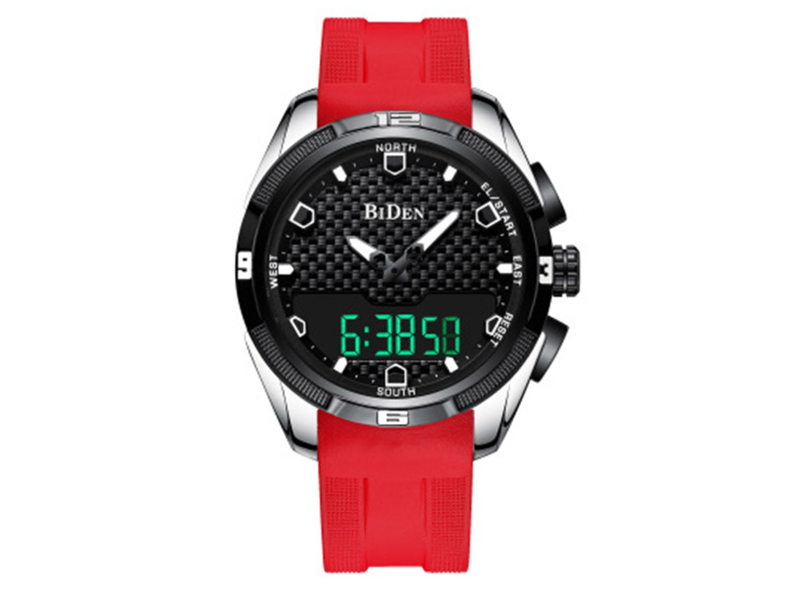 Reloj Deportivo Hombre Impermeable Moda Correa Roja Caja Plata Biden