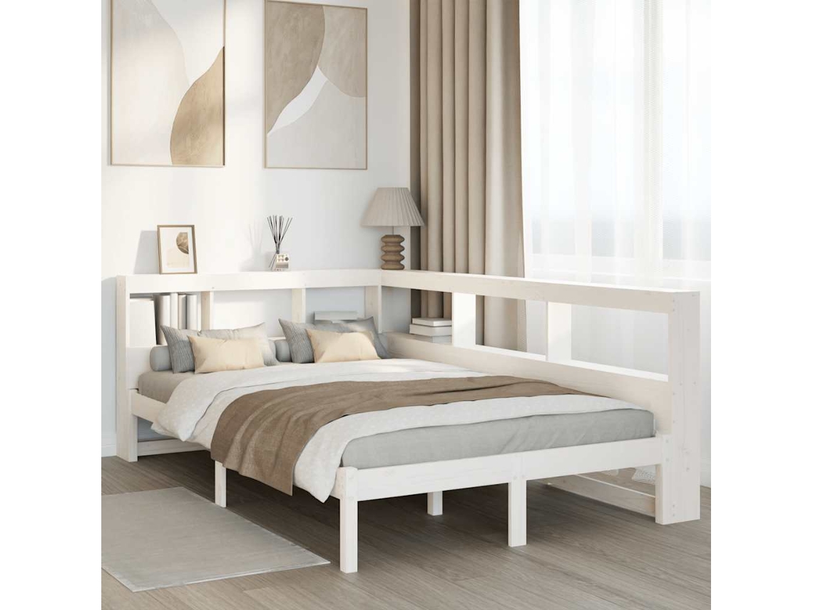 Cama De Matrimonio | Cama Para Adultos | Cama Con Estantería Sin Colchón Madera Maciza Blanca 120x200 Cm