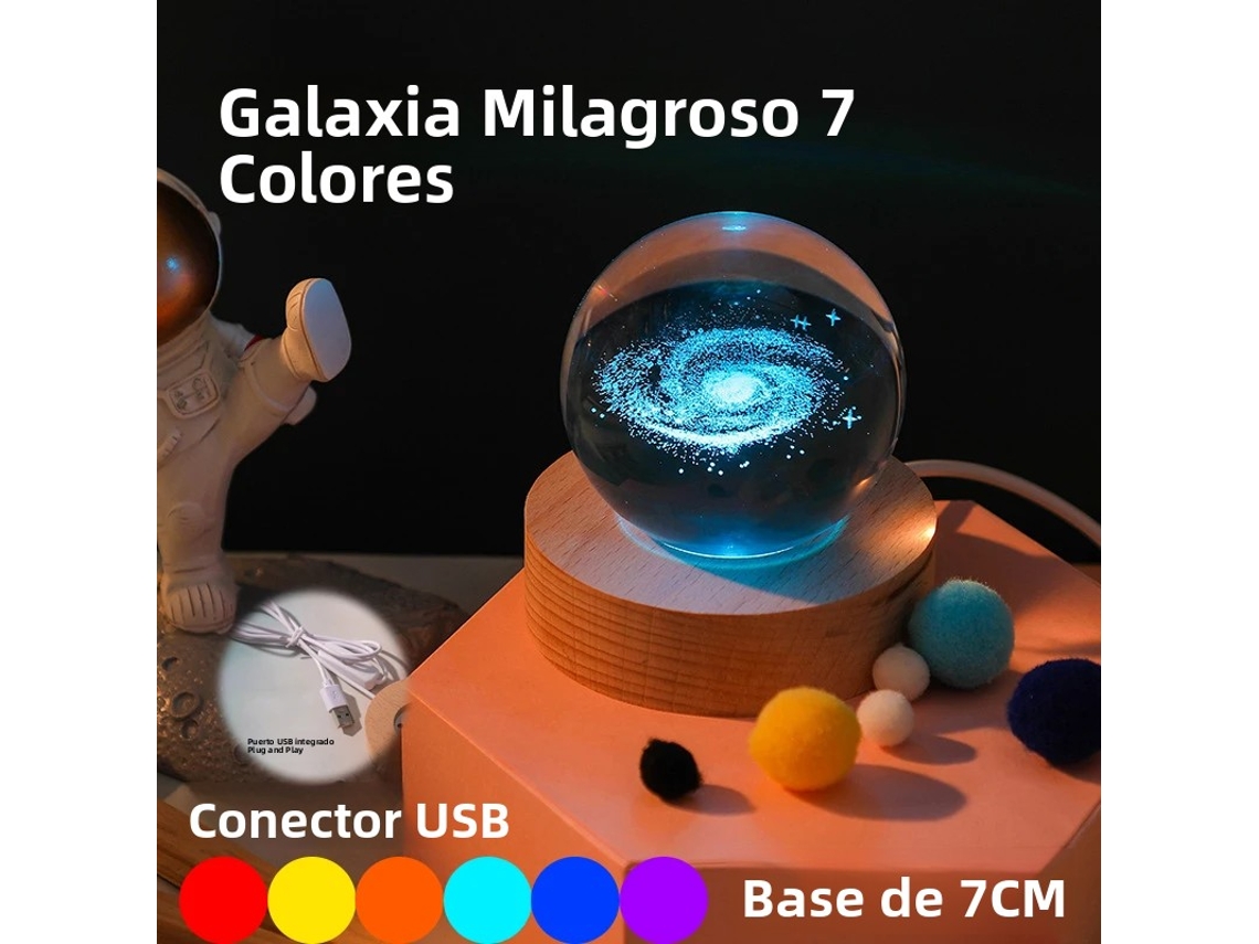 Lámpara de noche LED USB Galaxy Crystal con efecto 3D de planetas y luna. MDUG (7 cm)