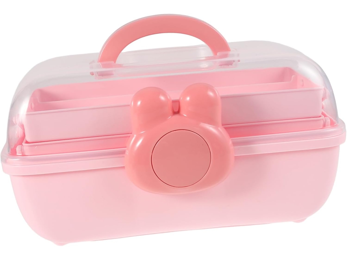 Joyero Para Niñas Con Tapa De Plástico Transparente, Diseño De Conejo Rosa, Estructura De 3 Piezas.