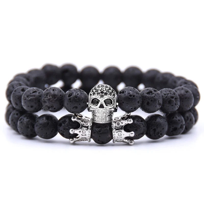 Pulsera De Pareja Con Corona De Calavera (plateada) Pulsera De Cuentas Para Hombre Y Mujer