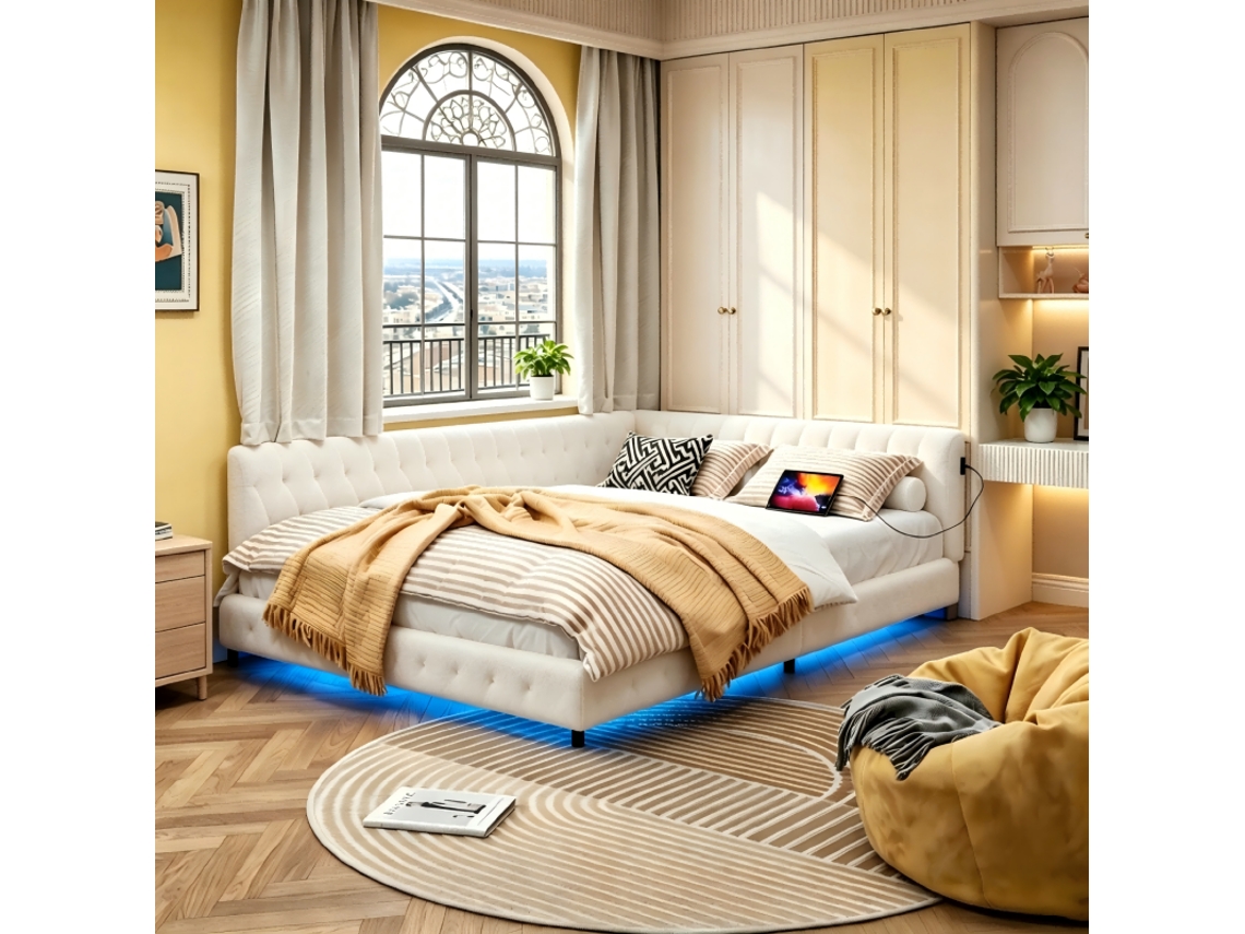 Sofá Cama 140 X 200 Cm, Con Respaldo, Estructura De Cama Doble Con Luces Led Y Puertos Usb, Para Dos Personas