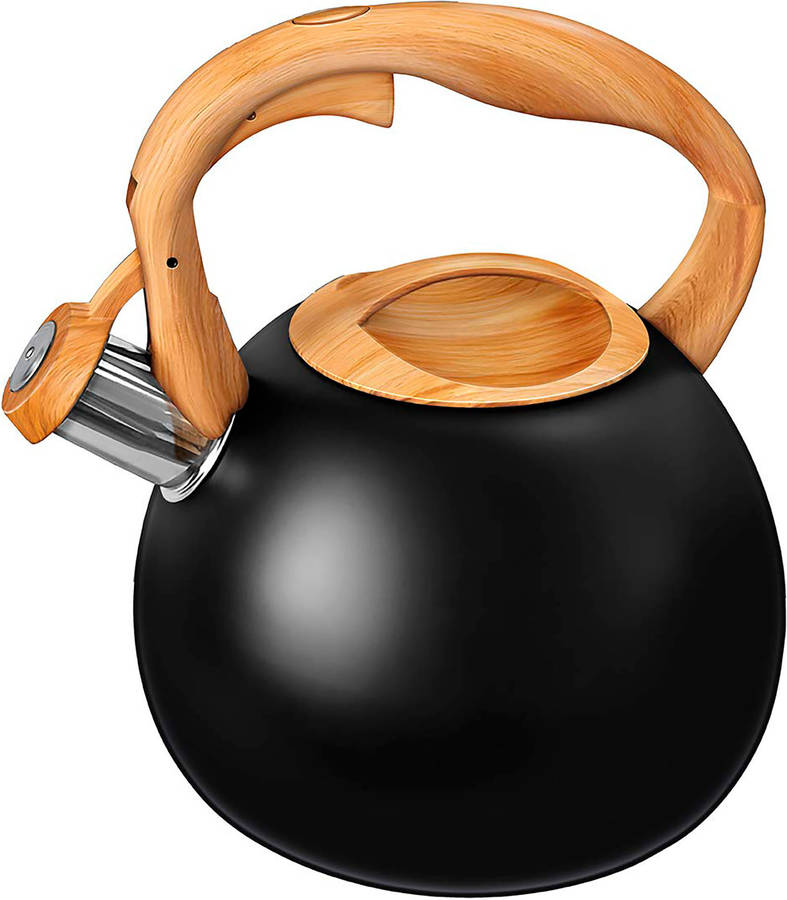 Hervidor de inducción, Hervidor SMILE con Silbato, 3 L, Mango de imitación de Madera de Acero Inoxidable Negro
