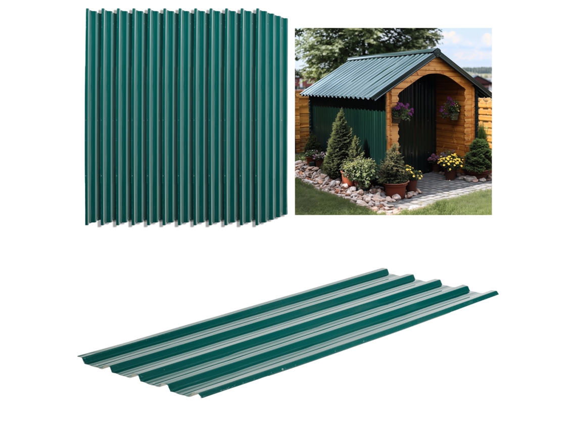Paneles de acero galvanizado, 12 piezas, 129x45 cm, resistentes a la intemperie, color verde.