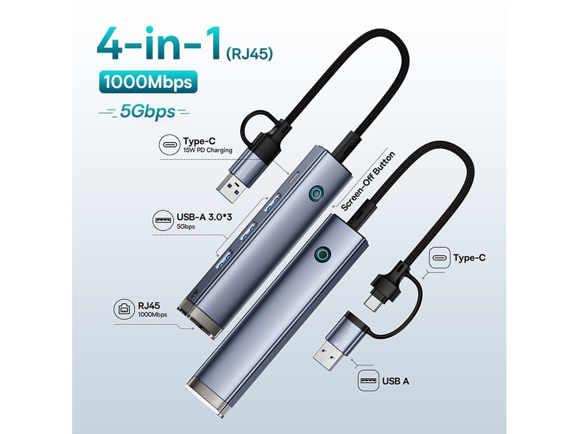 Estación de acoplamiento Yizhood Hub USB Tipo C USB A a USB 3.0 Transferencia de datos de 5 Gbps Rj45 Gigabit Ethernet 4 en 1 Gris
