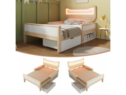Cama Infantil Con Orejas De Gato, Luces Led Rgb, Cajón Flexible, Roble Blanco.