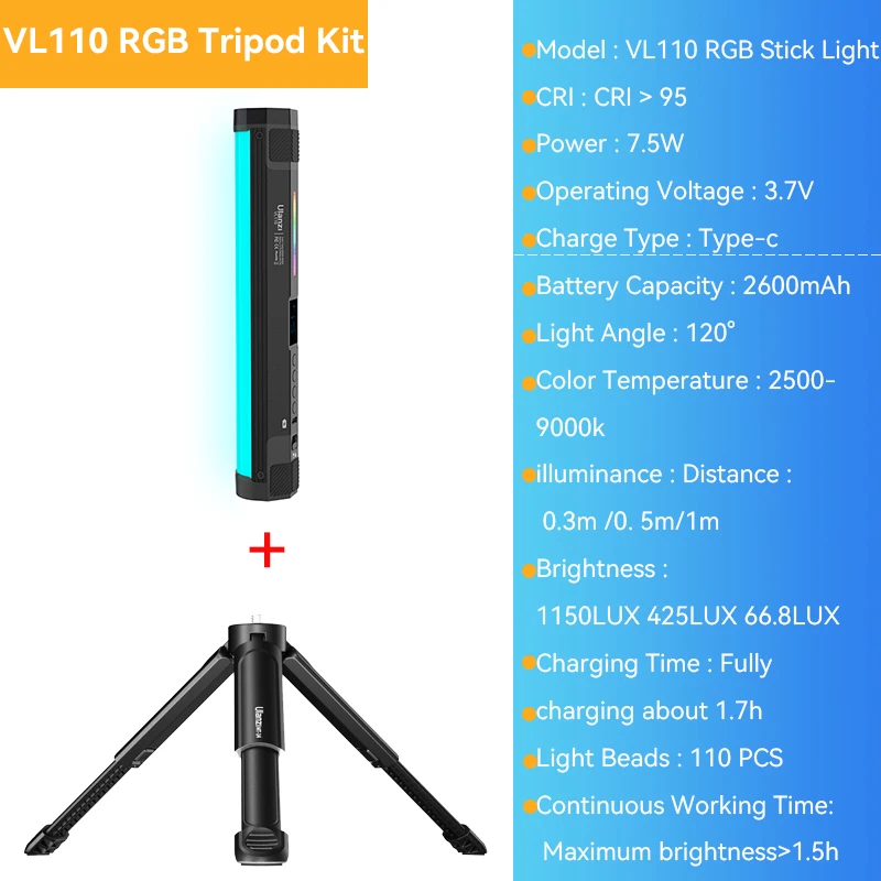 Kit de luz LED RGB VL110 con trípode, a todo color, magnético y portátil, brillo ajustable, para estudio y fotografía