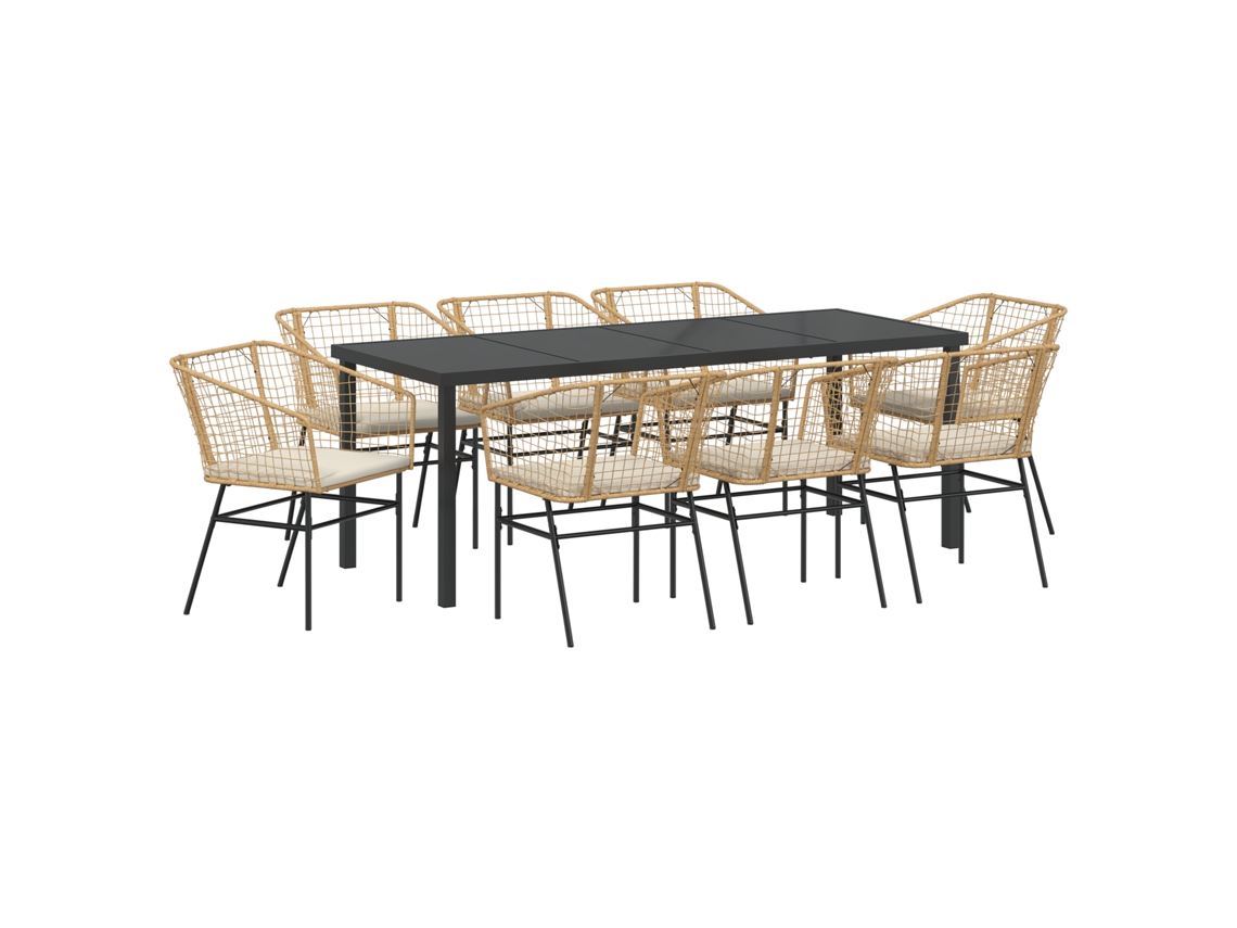 Conjunto de comedor de jardín vidaXL de 9 piezas con cojines, ratán marrón y poliéster