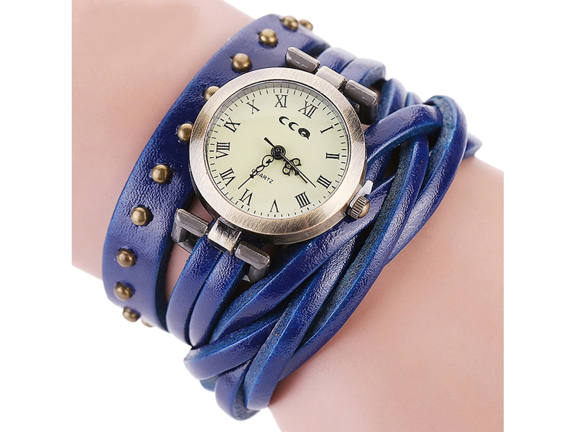 Reloj De Pulsera Ccq Punk Retro De Cuarzo Multicapa Con Remaches Para Hombre Y Mujer (azul)