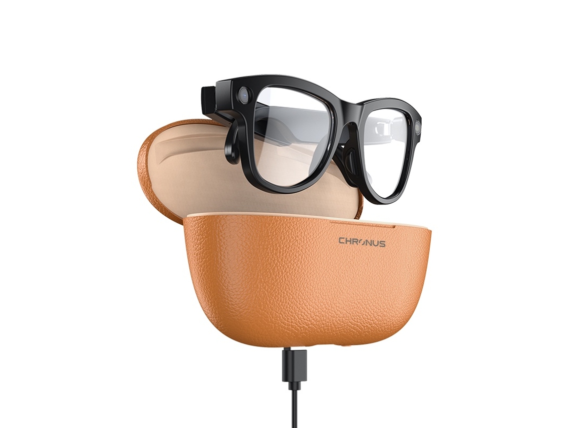 Gafas inteligentes CHRONUS M02 con IA (cámara de 1200p, micrófonos duales, estuche de carga de 3600 mAh, color negro)