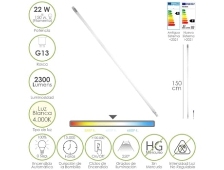 Tubo led t8 150 cm. 22 watt. equivale a 150 watt. 2300 lumenes. luz neutra 4000 k.