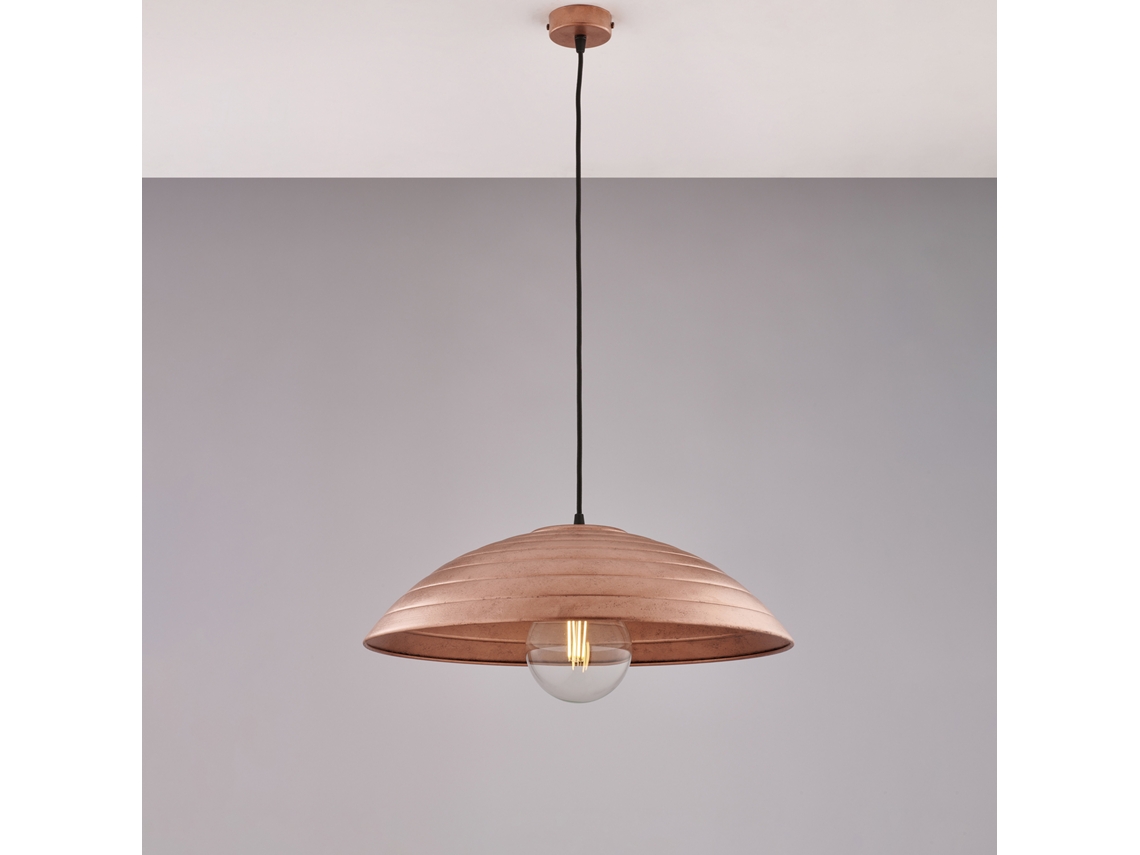 Lámpara colgante Sender de 50 cm de diámetro en hierro negro con acabado cobre antiguo. Incluye cable eléctrico ajustable tapizado en tela y una luz Belight.