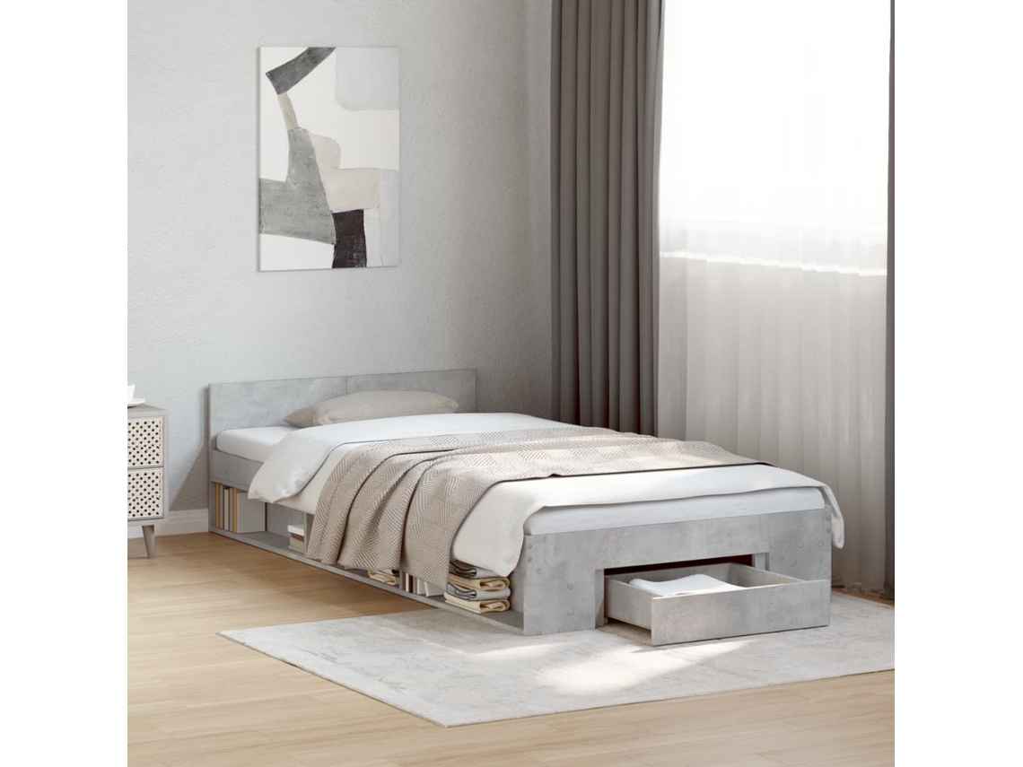 Cama Con Cajón Madera De Ingeniería Gris Hormigón 90x190 Cm