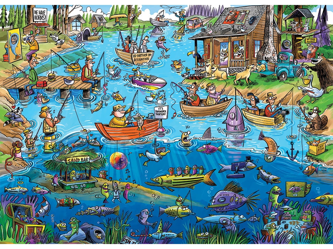 Rompecabezas de Cobble Hill Doodletown "Gone Fishing", 1000 piezas, cartón