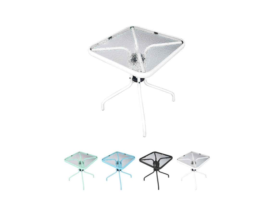 Mesa De Cristal 60x60x70 Cm Cuadrada Con Base Metálica Resistente - Ideal Para Terraza, Jardín O Balcón Blanco