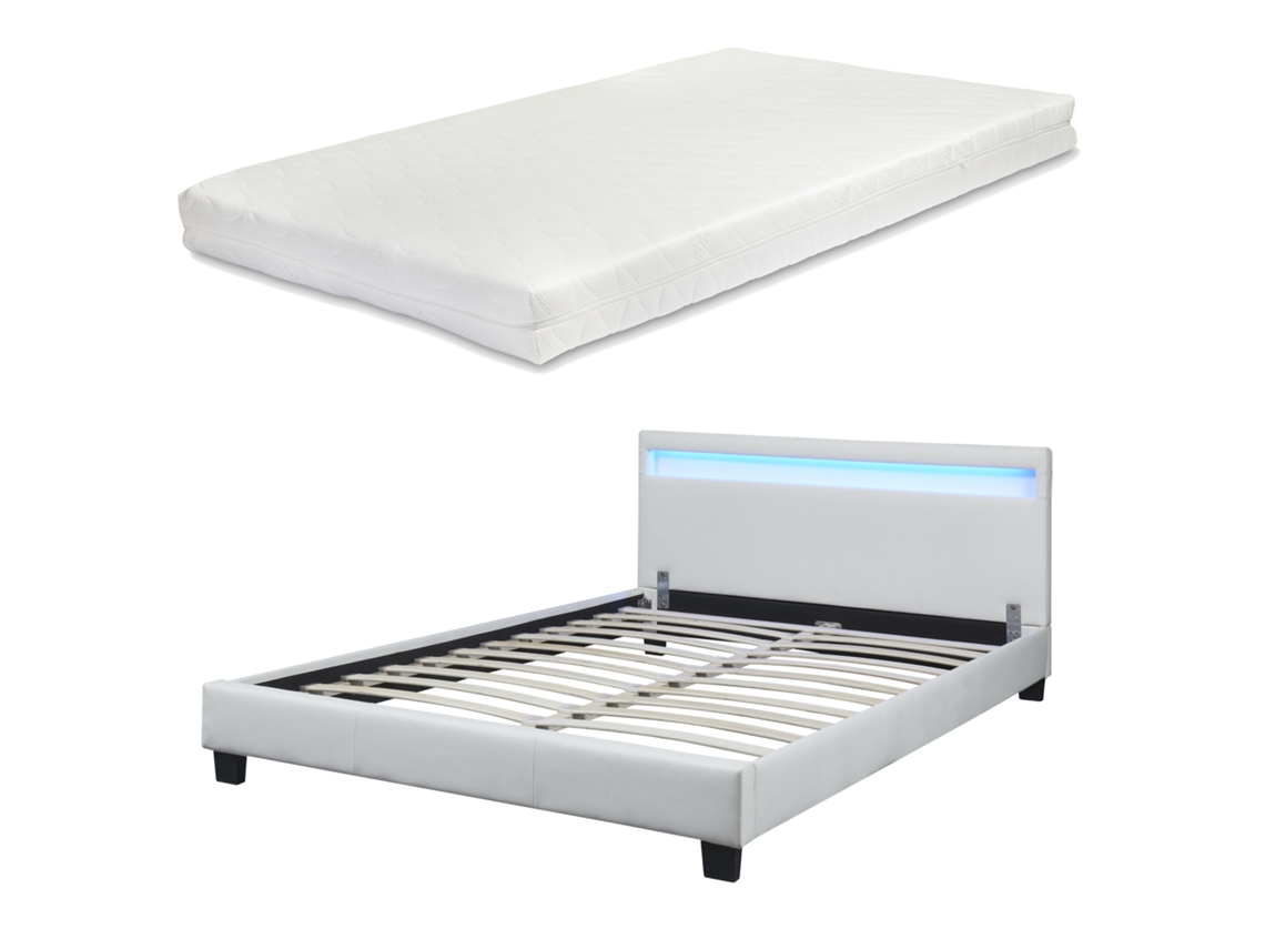 Cama con Colchón Doble Corium Paris Led [ES.CASA] Piel Sintética Blanca (140x200cm)