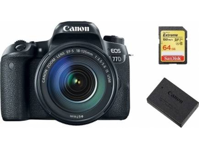 Kit Cámara Réflex CANON EOS 77D EF-S 18-135mm F3.5-5.6 IS USM + SD 64GB + LP-E17