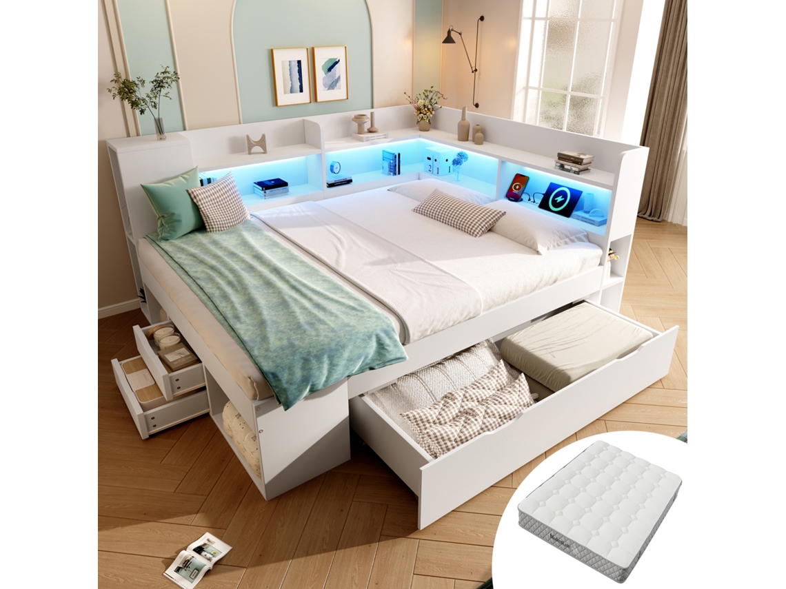 Cama Funcional 140x200 Cm Blanca Con Led, Usb/type-c, Estantes, Cajones Y Almacenaje, Cama Doble Juvenil Con Somier Y Colchón