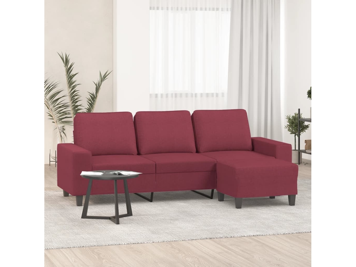 Sofá De 3 Plazas | Sofá De Salón | Sofá De Descanso Con Taburete De Tela Rojo Tinto 180 Cm