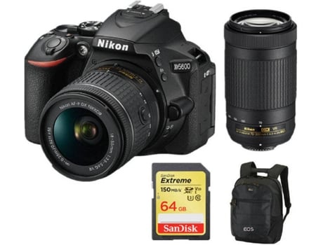 Kit Cámara Reflex, 2 Objectivos, Tarjeta SD 64 GB y Mochila NIKON D5600 (24.2 MP - Sensor: CMOS - ISO: 100 a 25600)