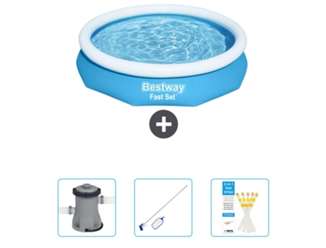 Piscina Hinchable Redonda Fast Set BESTWAY - 305 x 66 cm - Azul - Incluida Bomba - kit de limpieza - Tiras de prueba