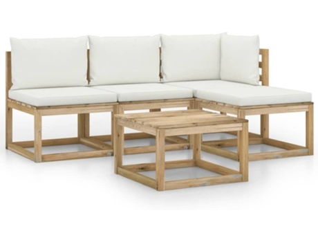 Conjunto 5 de muebles de jardín VIDAXL bambú y cojines blanco crema