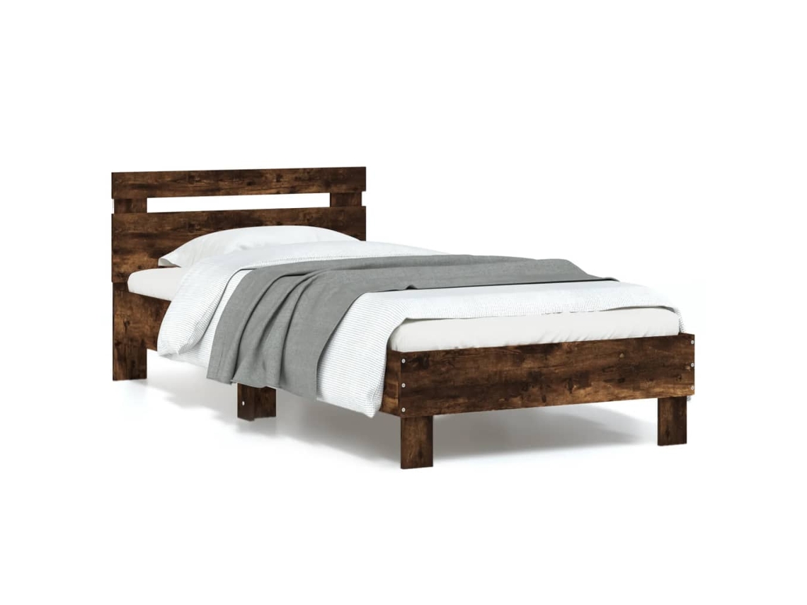 Estructura De Cama Cabecero Luces Led Roble Ahumado 90x190 Cm