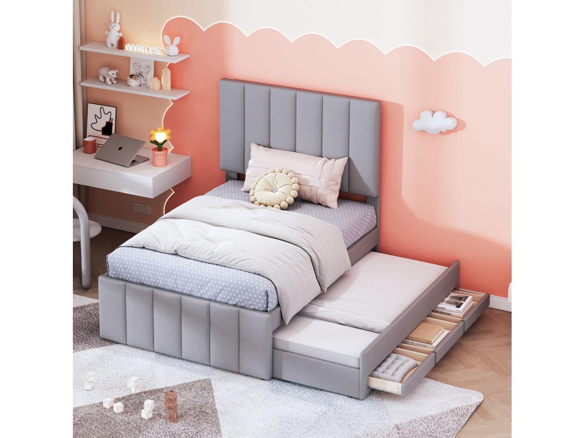 Sofá Cama De 90x200 Cm, Color Gris Lino, Colchón Extraíble, Cajones Para Invitados.