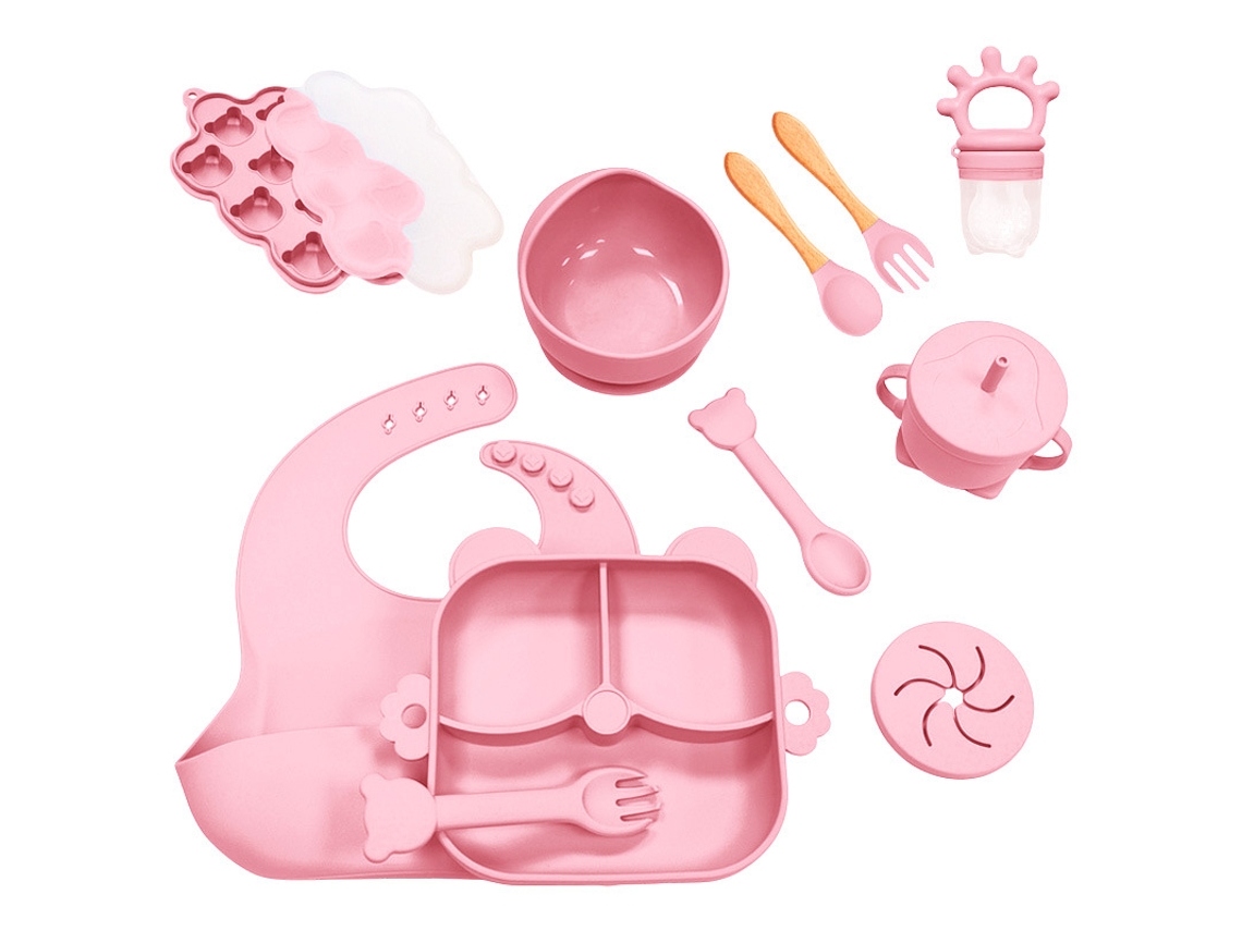 Set Destete Bebé Eifson 6+ Meses Silicone Plato Bol Vaso Cubiertos 11 Piezas (rosa)