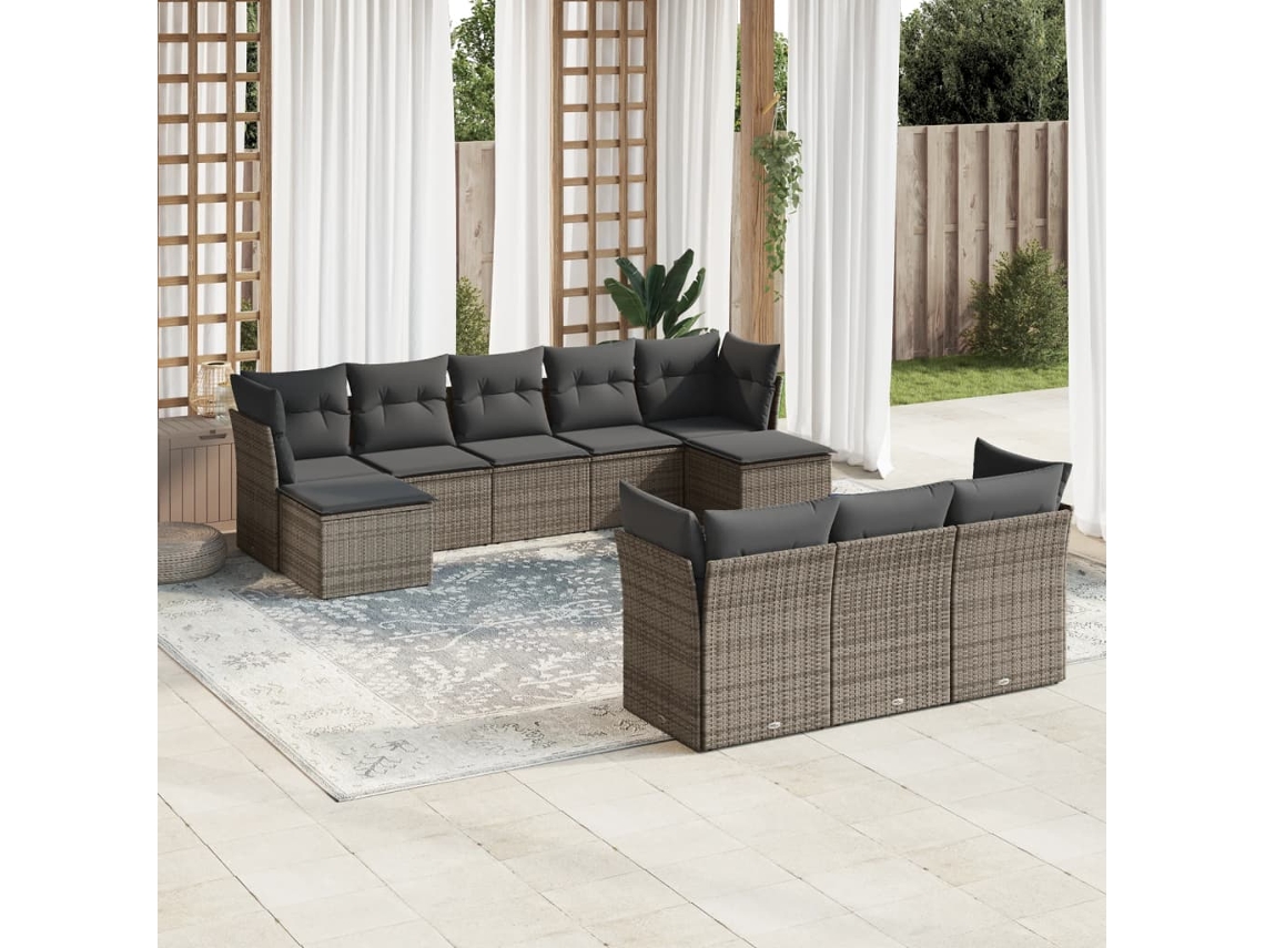 Conjunto de sofá de jardín de 10 piezas con cojines, ratán gris, DKD Home Decor