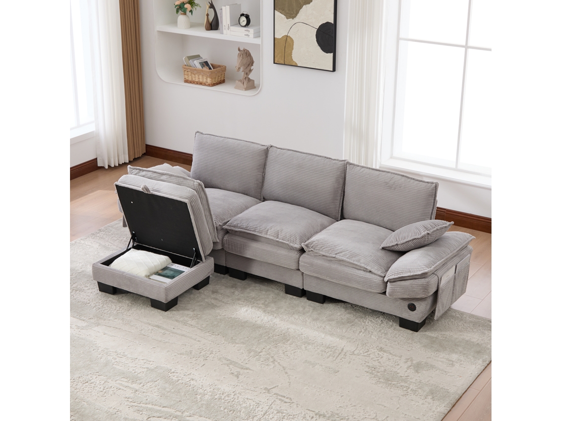 Sofá Modular 3 Plazas - Asiento Ancho, Diseño Ergonómico, Espuma De Alta Densidad, Usb-c Y Bolsillos Laterales - Gris Claro