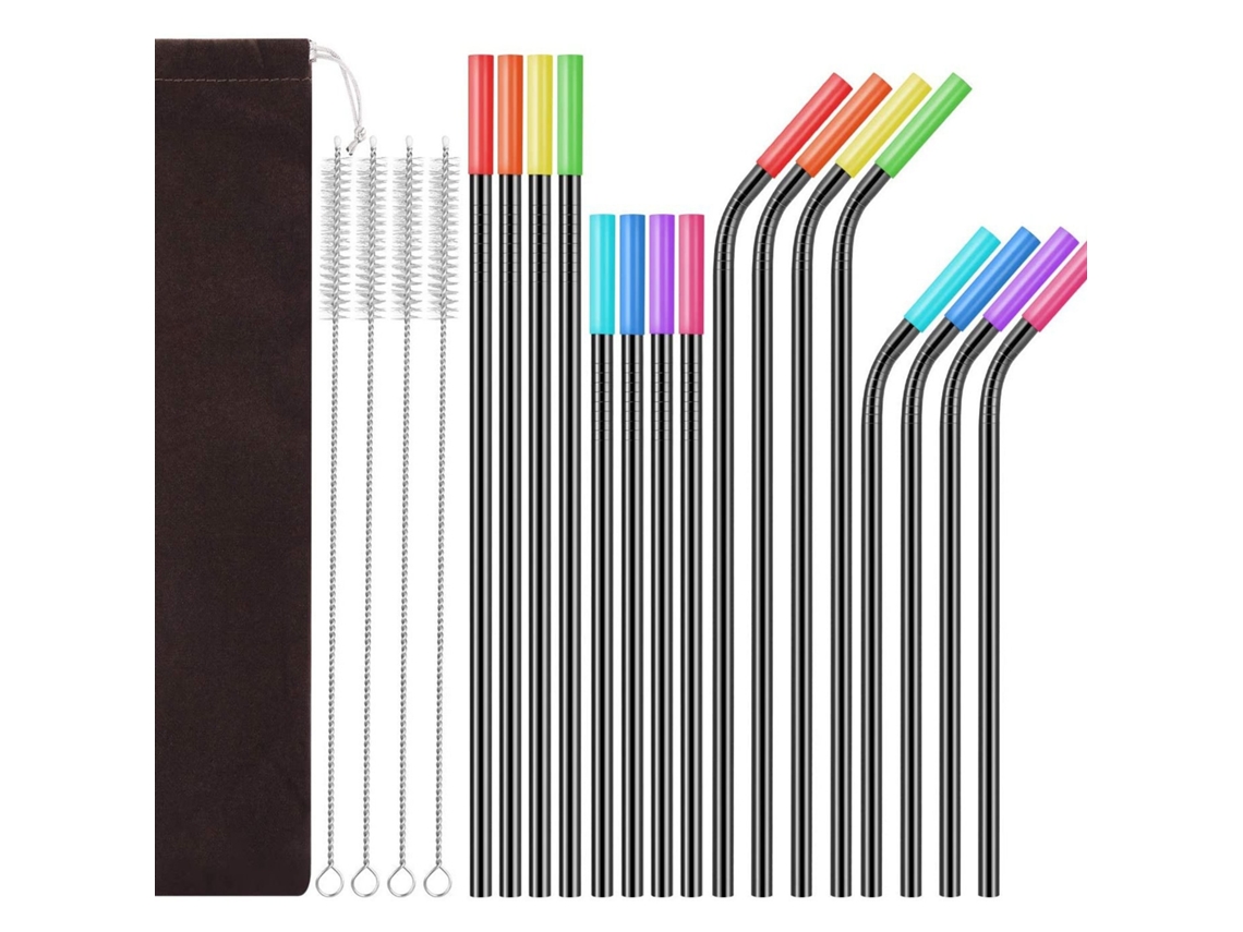 Juego De Popotes Eifson En Acero Inoxidable 16 Piezas, Con Estuche, Cepillo Limpiador Y Puntas De Silicona (negro)