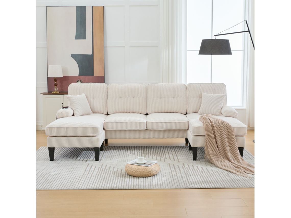 Sofá En U Para 4 Personas En Lino Beige Oscuro, Doble Chaise Longue, Respaldo Moderno, Cojines Suaves, Elegante Salón Familiar.