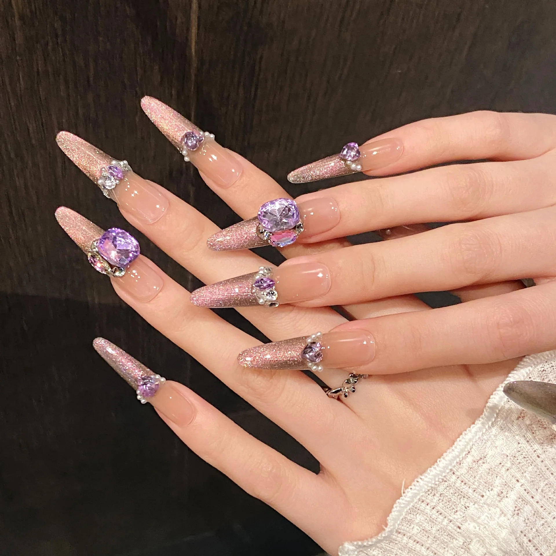 (848-s) 10 Pegatinas De Uñas Postizas Hechas A Mano Con Forma De Ojo De Gato, Manicura Francesa De Diamantes Largos Almendrados A Presión