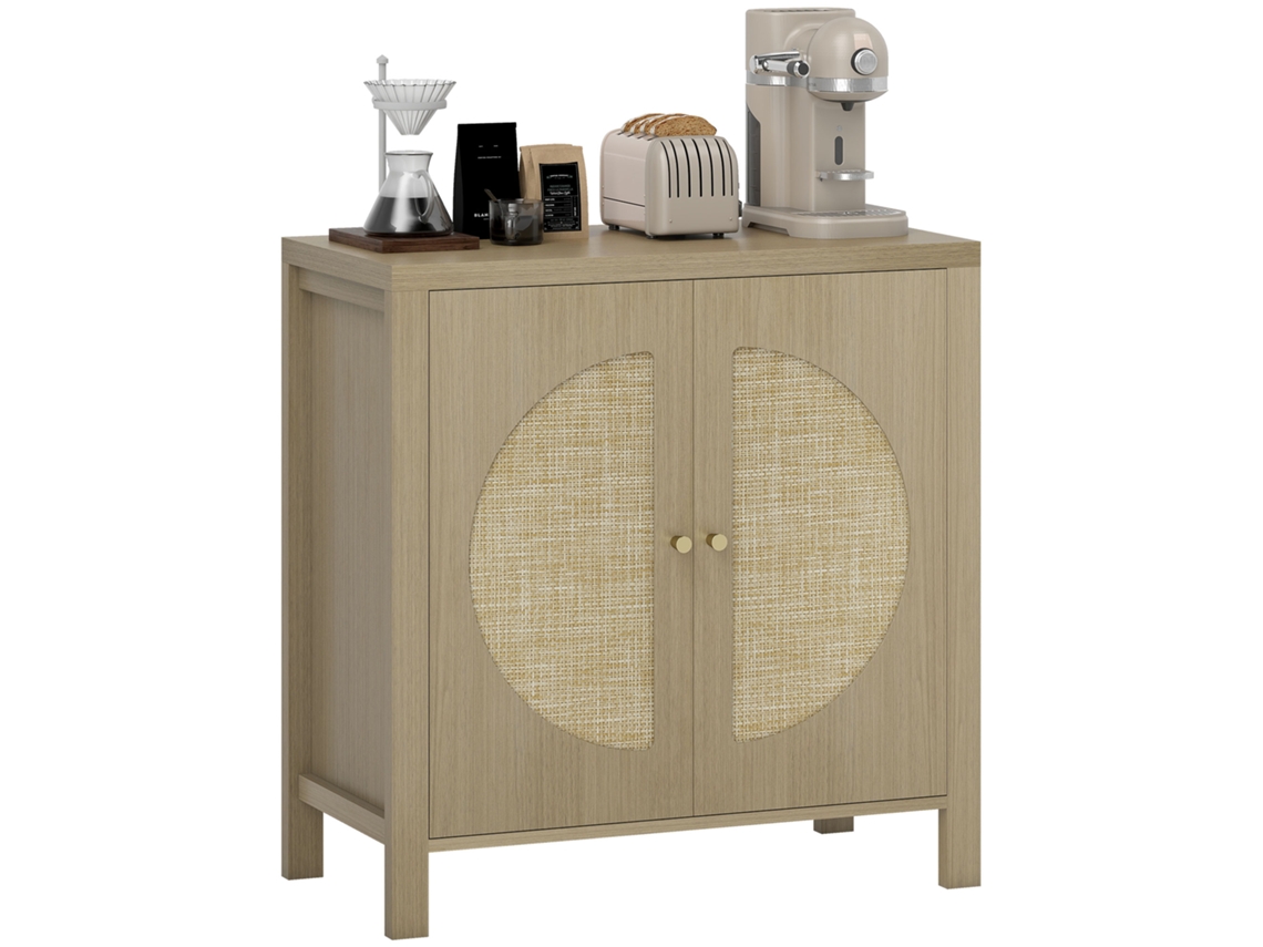 Aparador De Cocina, Mueble De Almacenamiento Con 2 Puertas Efecto Ratán Y Estante Regulable, 75 X 38 X 77 Cm, Madera Natural.